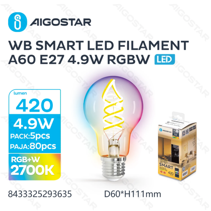 WIFI WB Išmanioji siūlinė lemputė A60 E27 4.9W RGBW