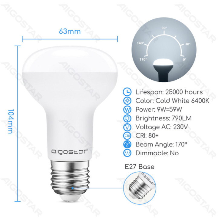 LED R63 Apvalioji lemputė-E27-9W-6500K-840lm