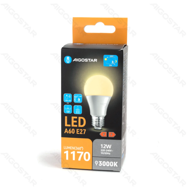 LED šviesai jautri ir mikrobangų jutiklio lemputė A60 E27 12W 3000K