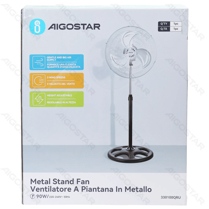 Metalinis grindų ventiliatorius, 18 colių, 3 mentės, 3 greičiai, juodas