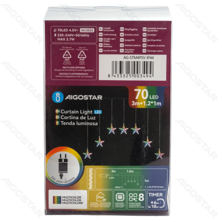 Low voltage string lights,Curtain Trapezoid Flat-top Light Star Pendant RGBY 1.2*1m ,7 strips IP44, Indoor&Outdoor