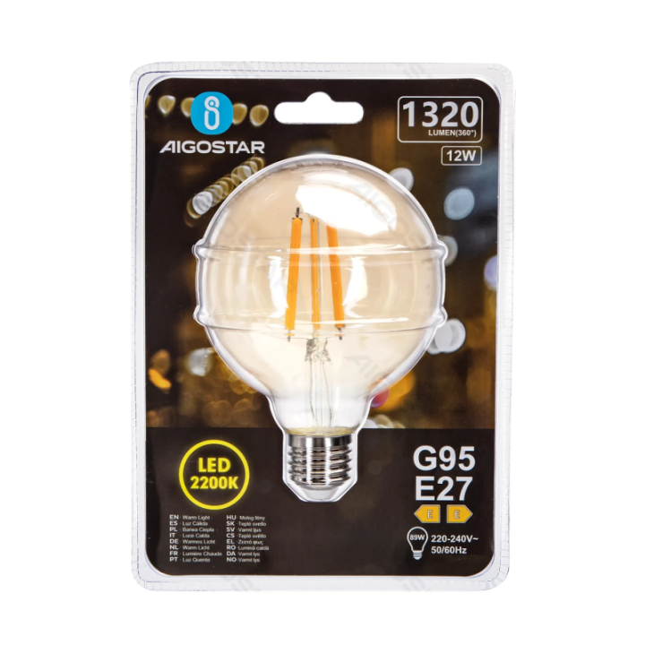 LED kaitrinė lemputė (gintarinė) G95 E27 12W