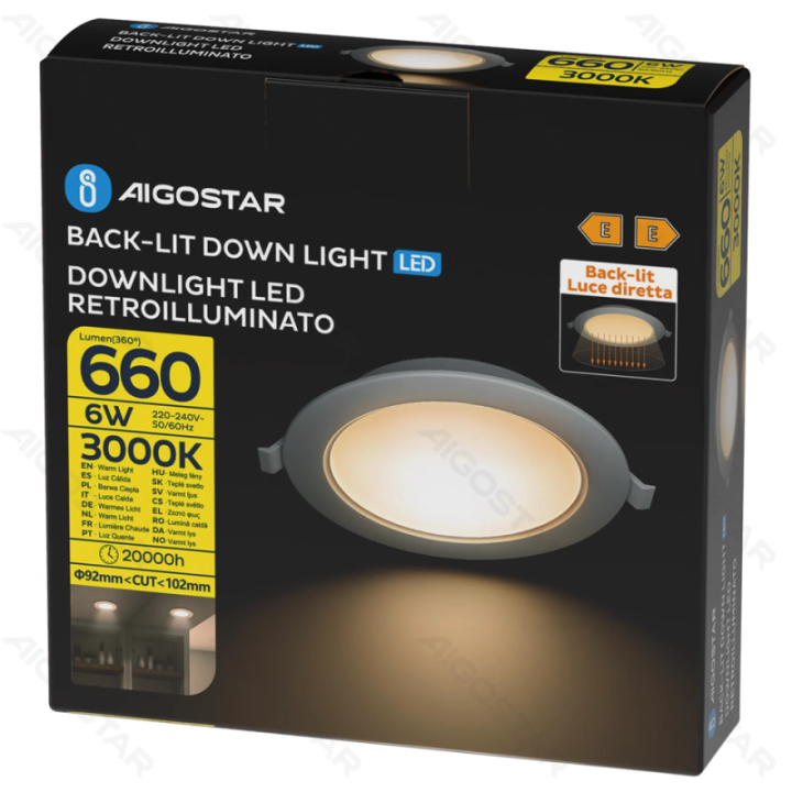 E6 LED įleistinis apvalus šviestuvas 6W geltona šviesa