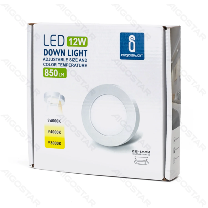 E6 LED apvalus įleidžiamas šviestuvas 12W, reguliuojamas dydis ir spalvinė temperatūra