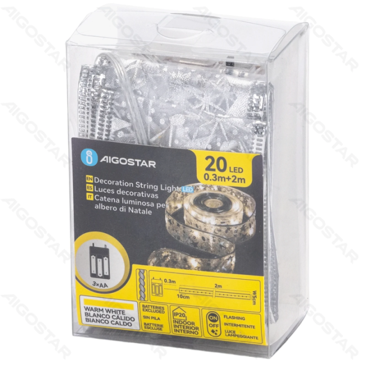 3AA Battery String Lights 5cm Silver Star Ribbon Warm White 2m IP44, Indoor&Outdoor