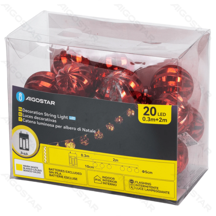 3AA Battery String Lights Christmas Balls Red Warm White 2m IP44, Indoor&Outdoor
