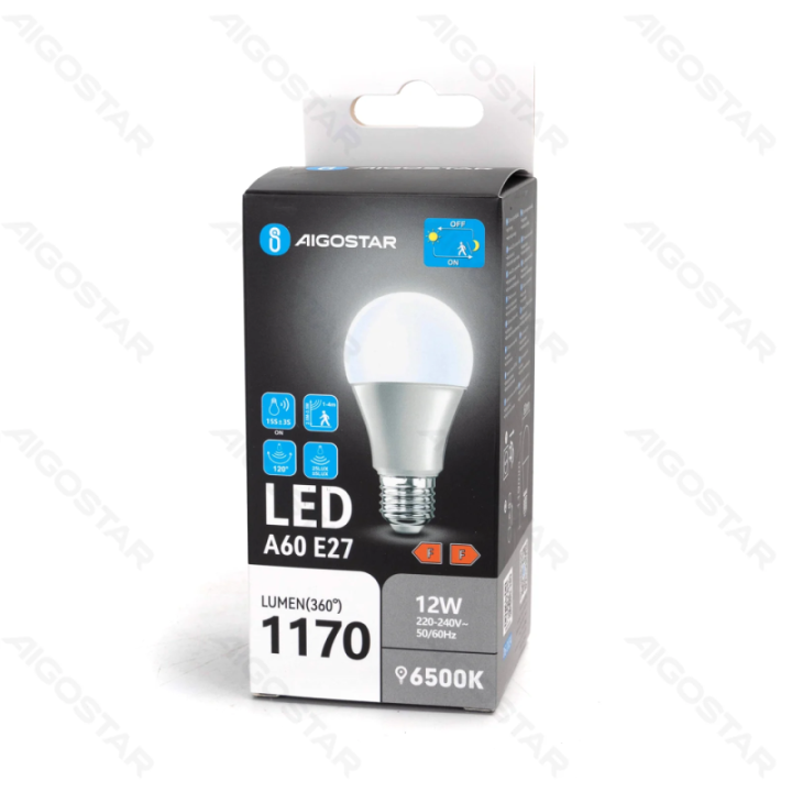 LED šviesai jautri ir mikrobangų jutiklio lemputė A60 E27 12W 6500K