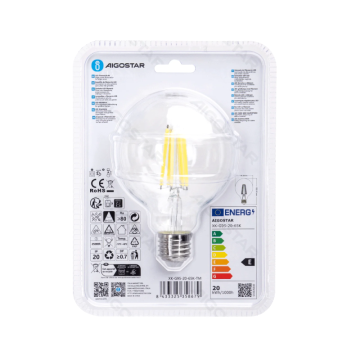 LED kaitrinė lemputė (skaidri) G95 E27 20W