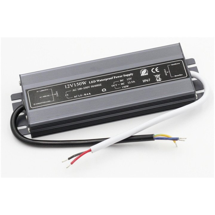 Vandeniui atsparus maitinimo šaltinio komplektas 12.5A 150W IP67 12V DC SLIM