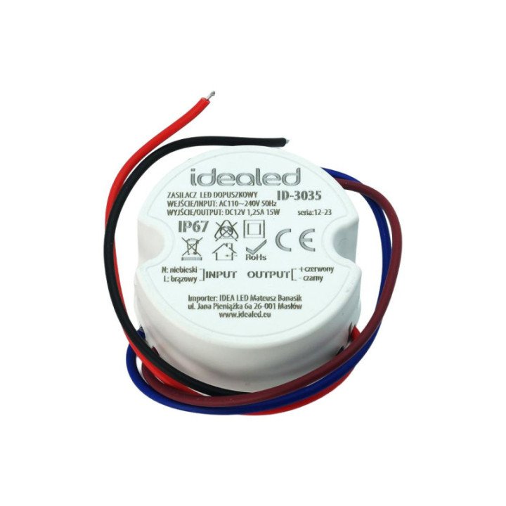 Maitinimo šaltinio komplektas jungiamajai dėžutei 1.25A 15W atsparus vandeniui 12V DC