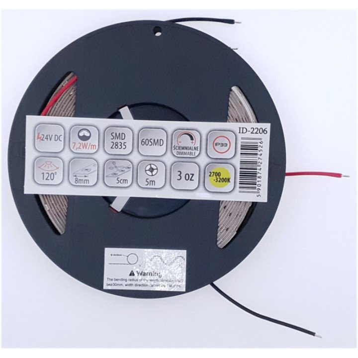 LED strip 60 SMD 2835 IP33 3000K 24V 7.2W, 3 years warranty, 5M roll