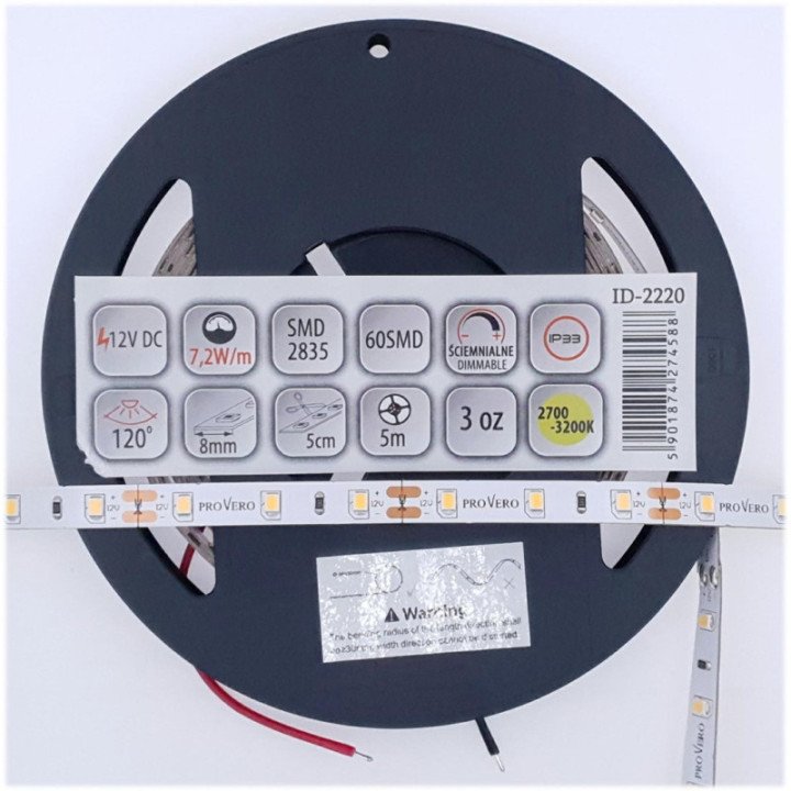 LED juosta PRO 60 SMD 2835 IP33 3000K 7.2W, 3 metų garantija, 5m ritė