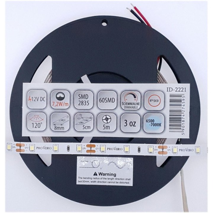 LED strip PRO 60 SMD 2835 IP33 6500K 7.2W, 3 years warranty, 5m roll
