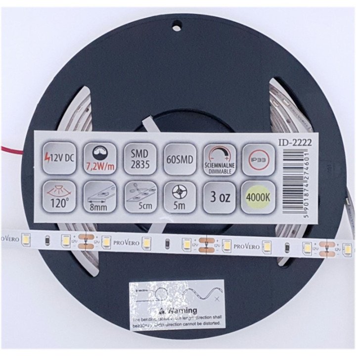 LED strip PRO 60 SMD 2835 IP33 4000K 7.2W, 3 years warranty, 5m roll