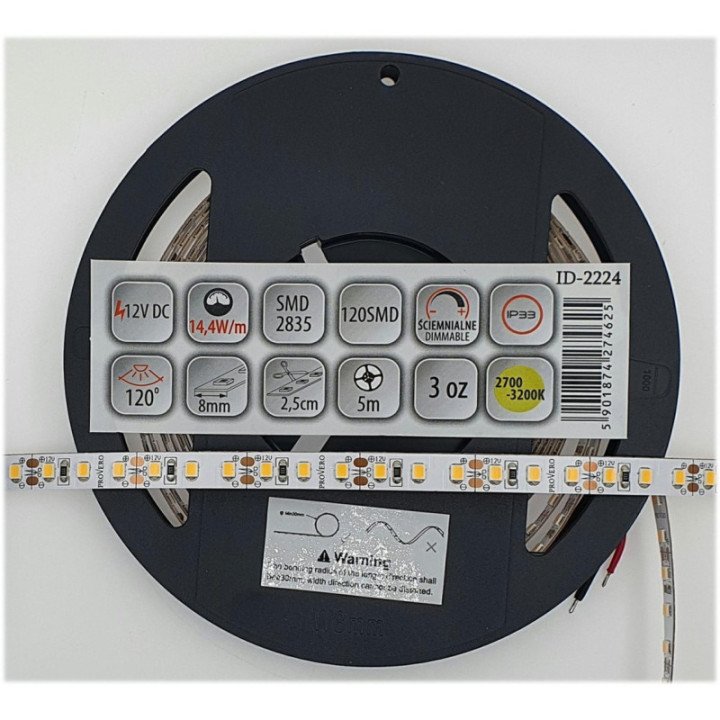 LED strip 120 SMD 2835 IP33 3000K 14.4W, 3 years warranty, 5m roll