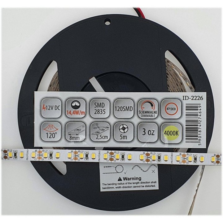 LED juosta PRO 120 SMD 2835 IP33 4000K 14.4W, 3 metų garantija, 5m ritė