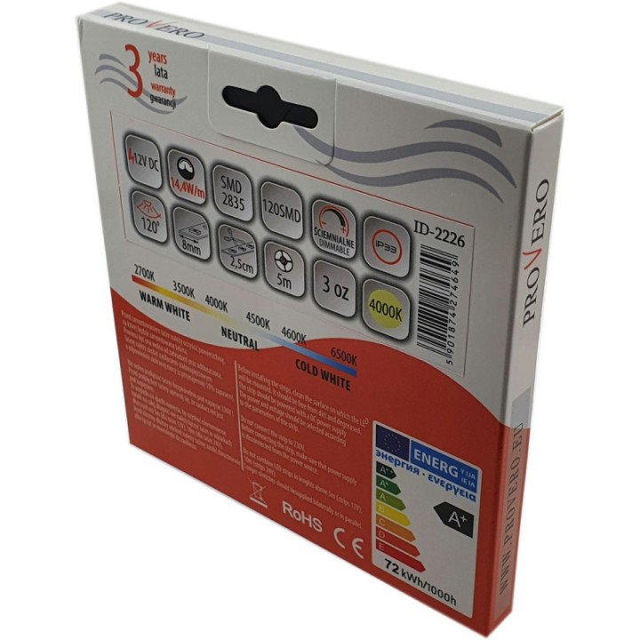 LED juosta PRO 120 SMD 2835 IP33 4000K 14.4W, 3 metų garantija, 5m ritė