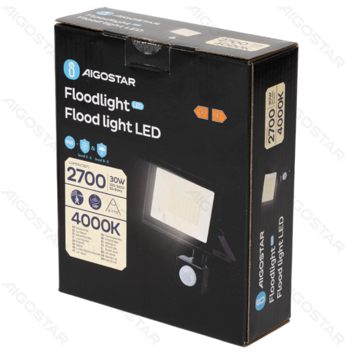 LED sensorinis prožektorius-30W-4000K-2700lm-IP65-Šviesai jautrus ir žmogaus kūno jutiklis