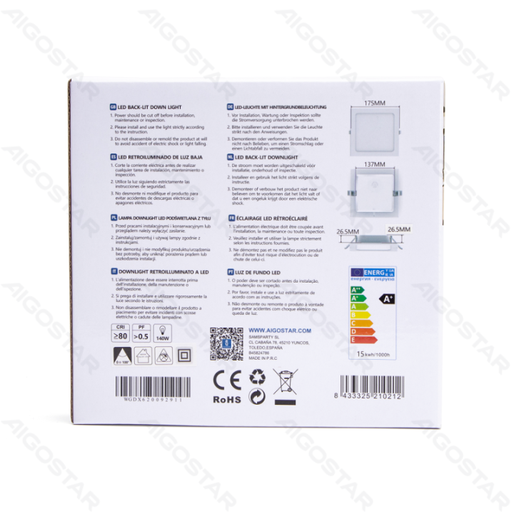 E6 LED  Flush-mounted Square Downlight 15W Yellow Light