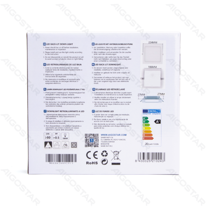 E6 LED Įleidžiamas kvadratinis šviestuvas 20W, šiltas (geltonas) šviesos atspalvis