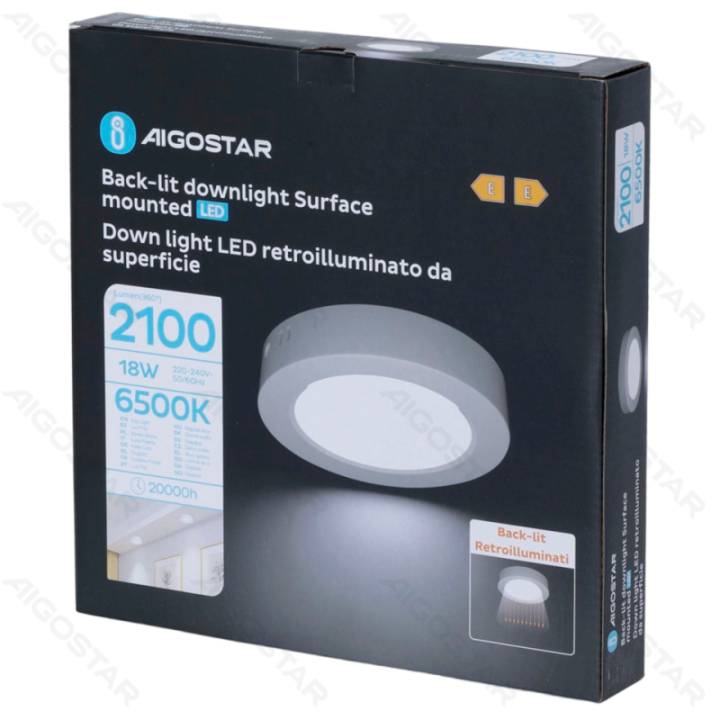 E6 LED Paviršinė apvali downlight 18W Šalta balta
