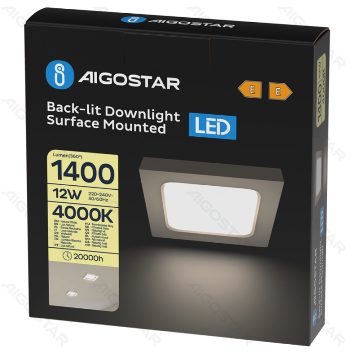 E6 LED Paviršinė kvadratinė downlight 12W Natūrali balta