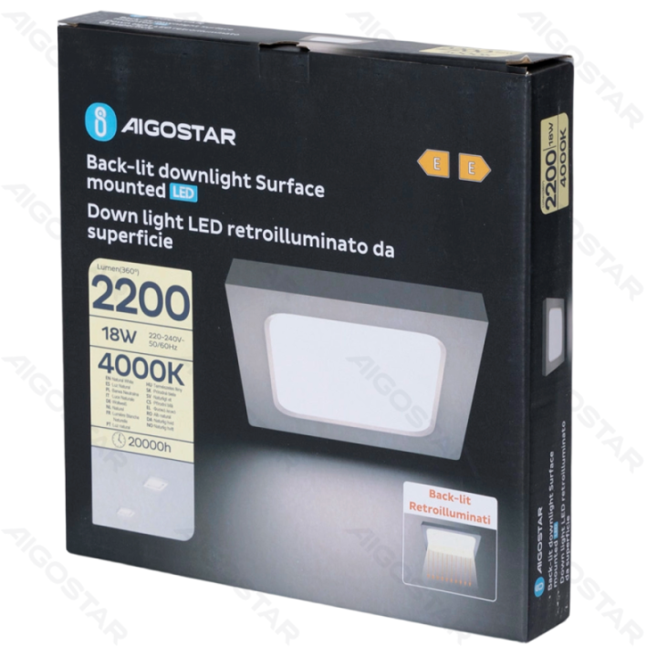 E6 LED Paviršinė kvadratinė downlight 18W Natūrali balta
