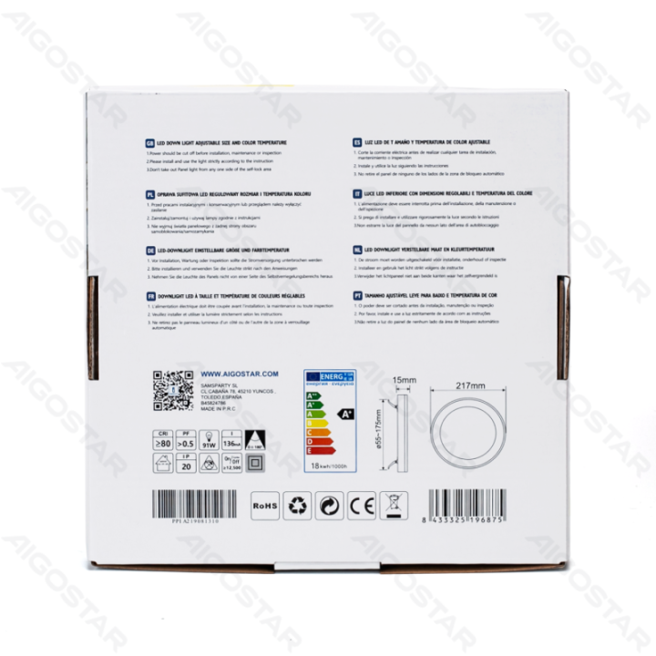 E6 LED Round Downlight 18W Adjustable Size and Color Temperature