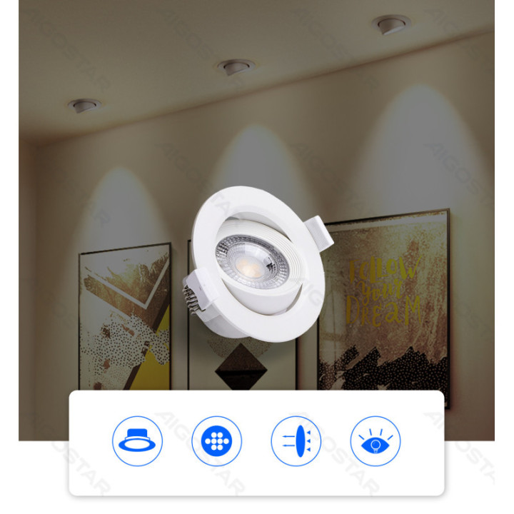 LED  Flush-mounted Round Downlight with Adjustable Angle 5W Yellow Light