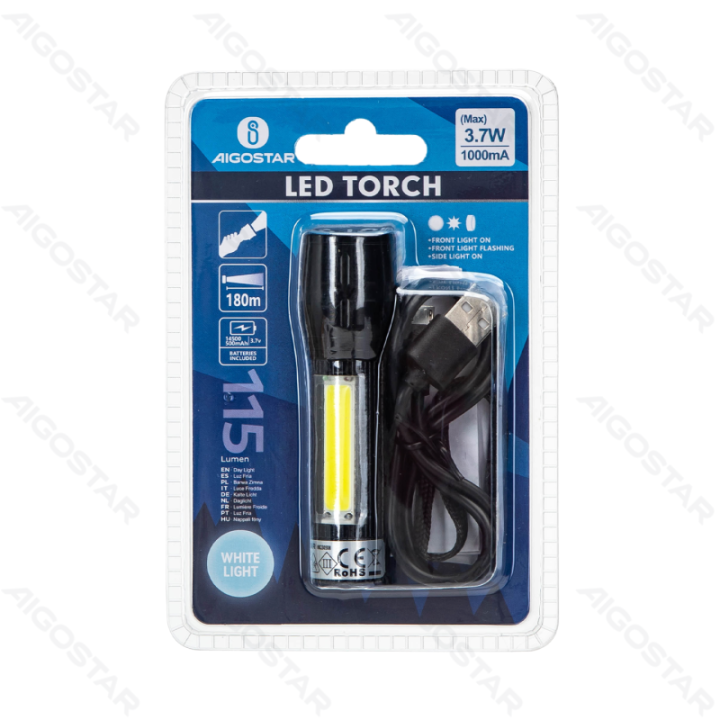 Torch with side light adjustable focus rechargeable