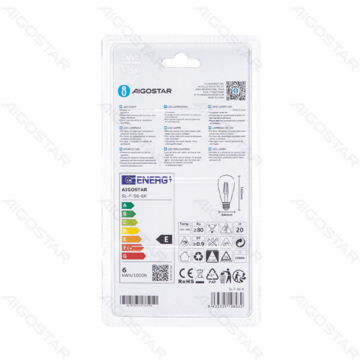 LED Filamento lemputė (skaidri) ST64 E27 6W