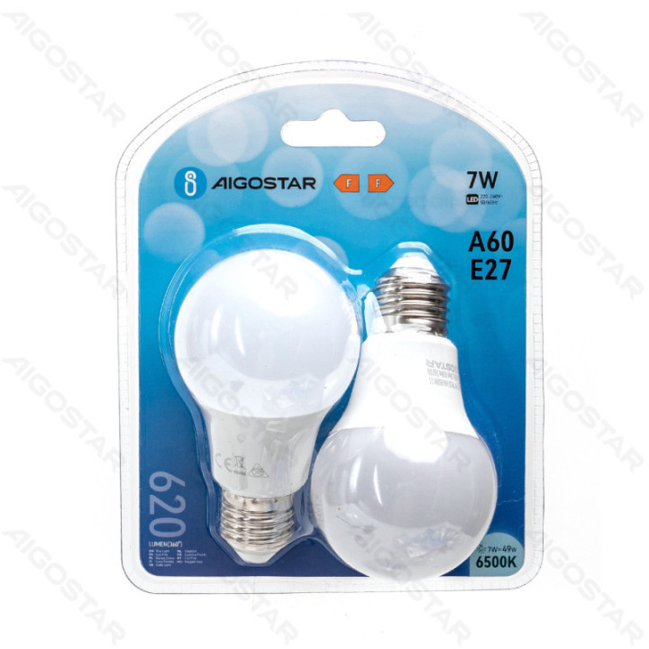 LED A60 Globe Bulb-E27-7W-6500K-620lm-2 pcs