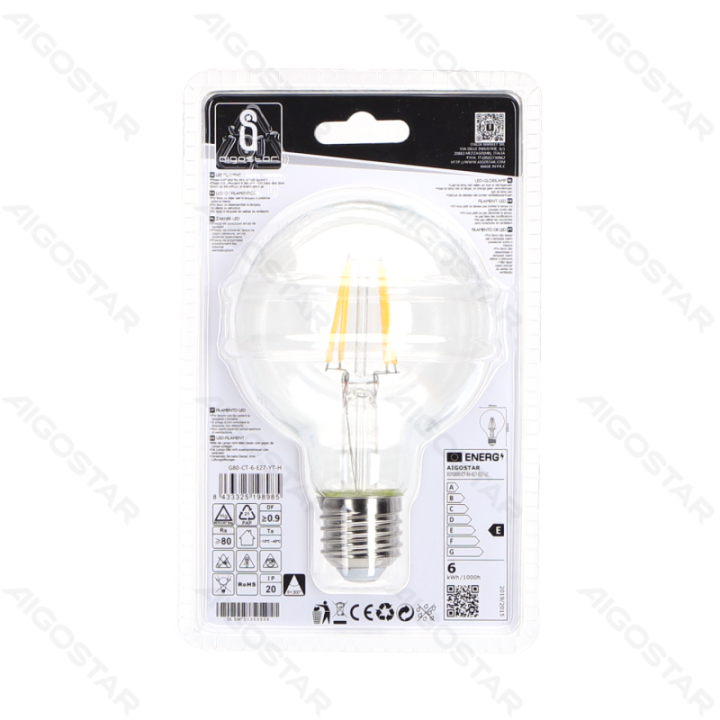 LED Siūlinė lemputė (skaidri) G80 E27 6W