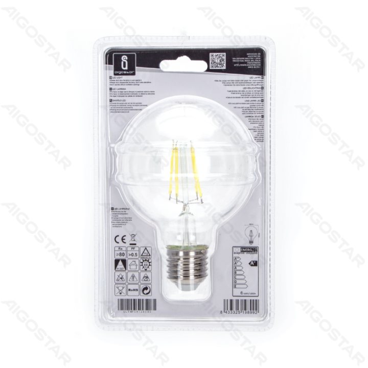 LED Siūlinė lemputė (skaidri) G80 E27 6W