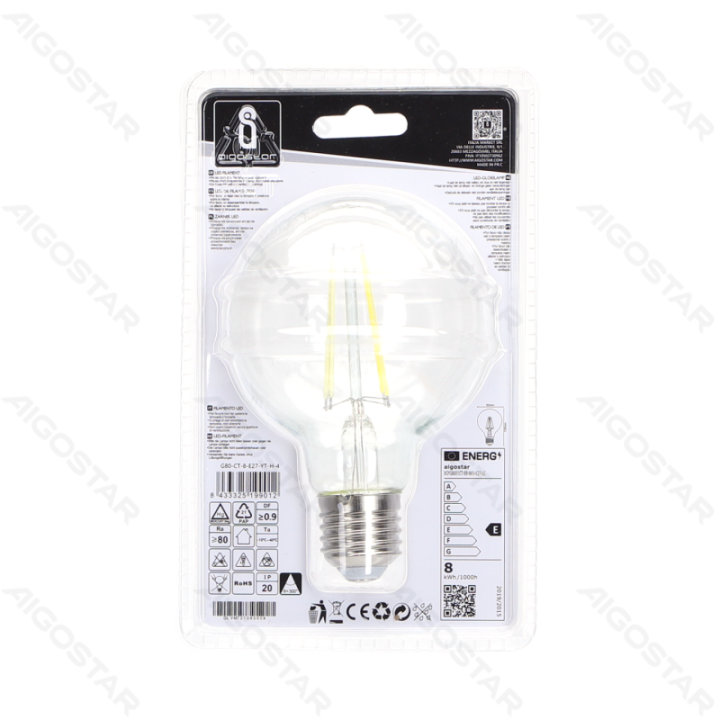 LED Siūlinė lemputė (skaidri) G80 E27 8W