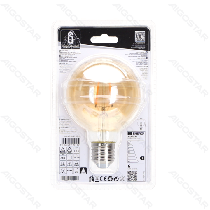 LED Siūlinė lemputė (ambra) G80 E27 6W