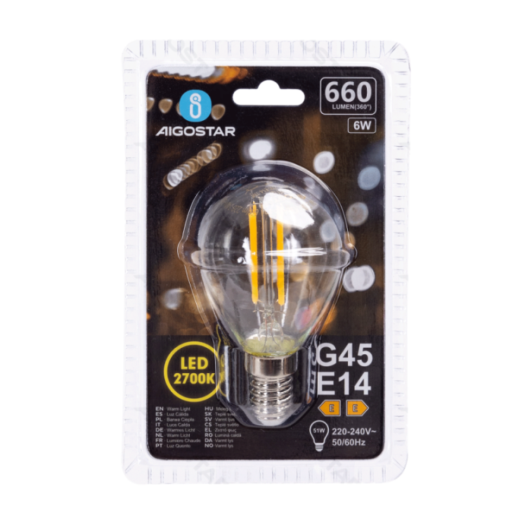 LED Siūlinė lemputė (skaidri) G45 E14 6W