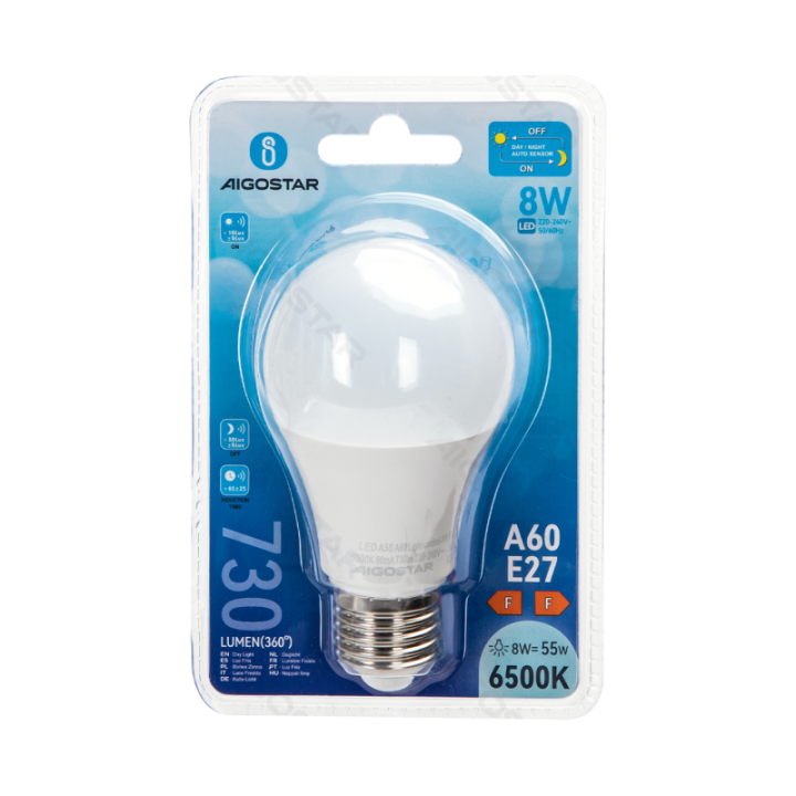 LED šviesai jautri indukcinė lemputė A60 E27 8W 6500K
