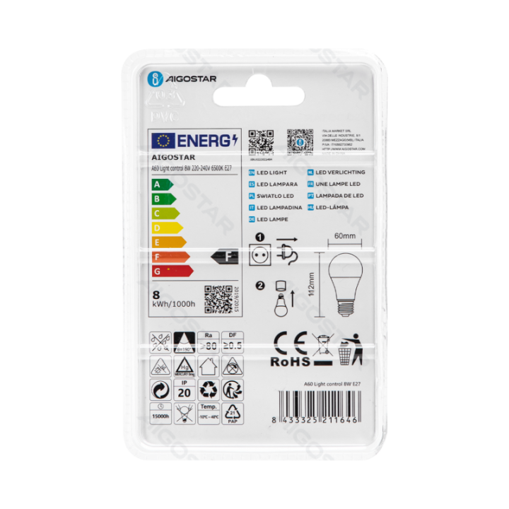 LED light sensitive induced bulb A60 E27 8W 6500K