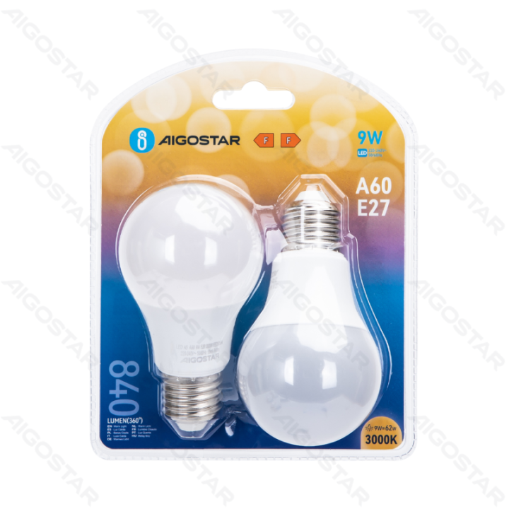 LED A60 Globe Bulb-E27-9W-3000K-840lm-2 pcs