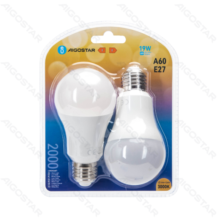 LED A60 apvalioji lemputė-E27-19W-3000K-2000lm-2 vnt