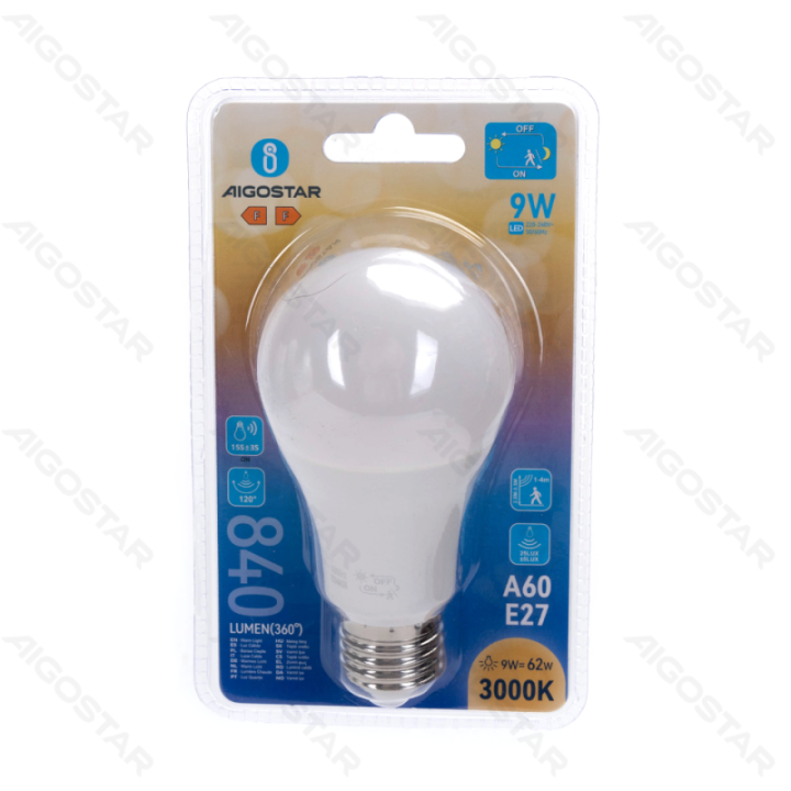 LED light sensitive induced and microwave sensor bulb A60 E27 9W 3000K