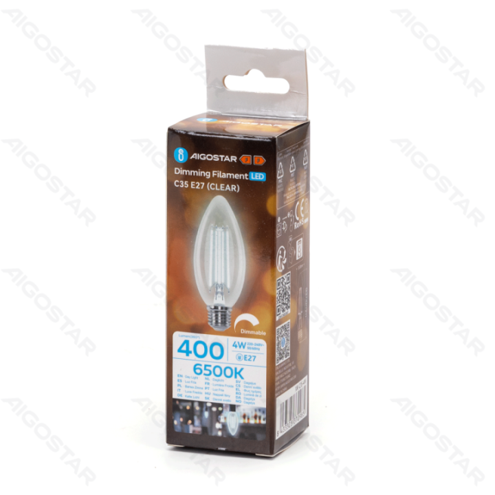 LED reguliuojama filamento C35 E27 4W 6500K