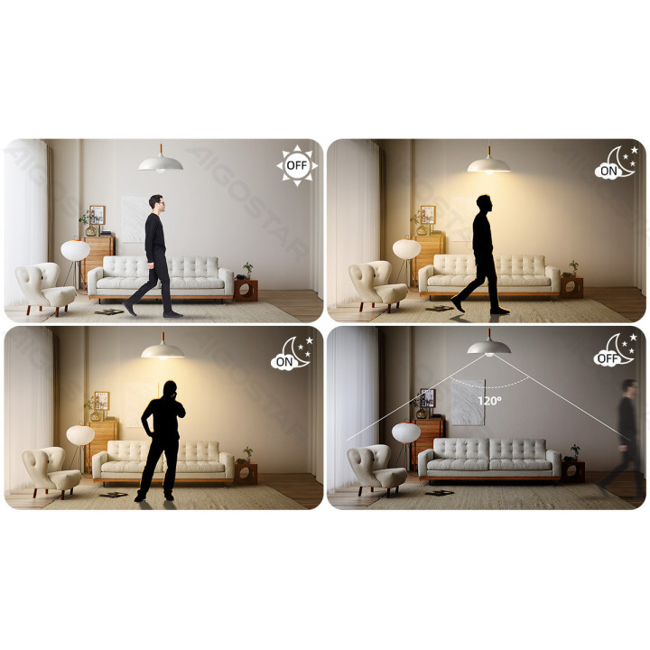 LED šviesai jautri ir mikrobangų jutikliu aprūpinta lemputė A60 E27 12W 3000K