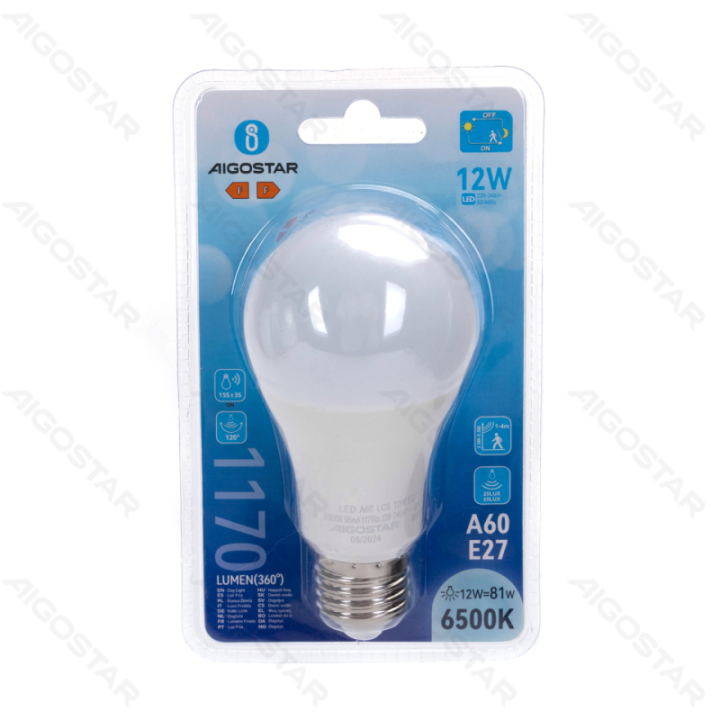 LED šviesai jautri ir mikrobangų jutikliu aprūpinta lemputė A60 E27 12W 6500K