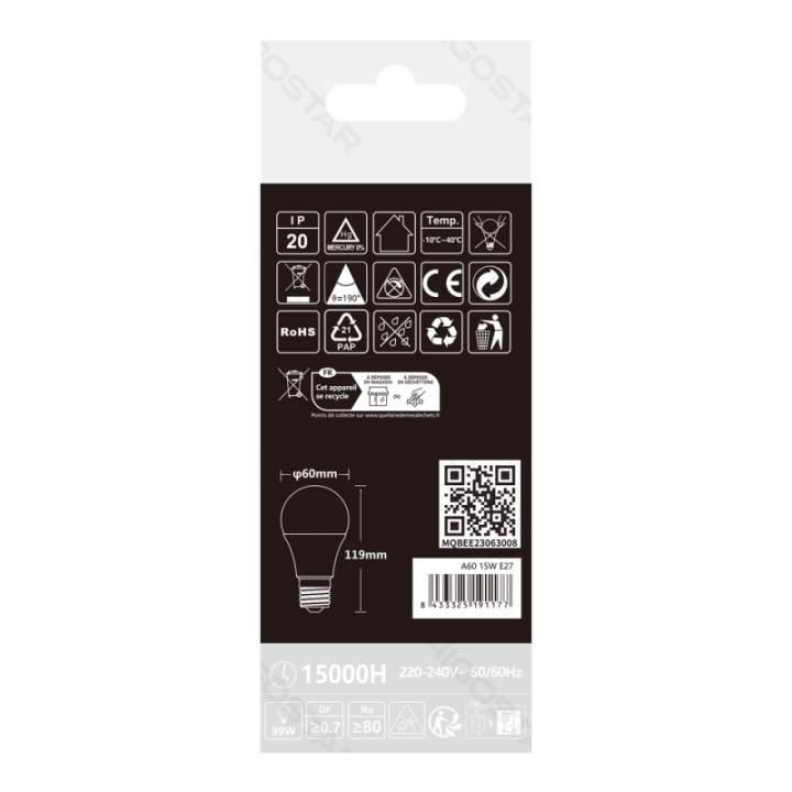 LED A60 E27 15W 6500k