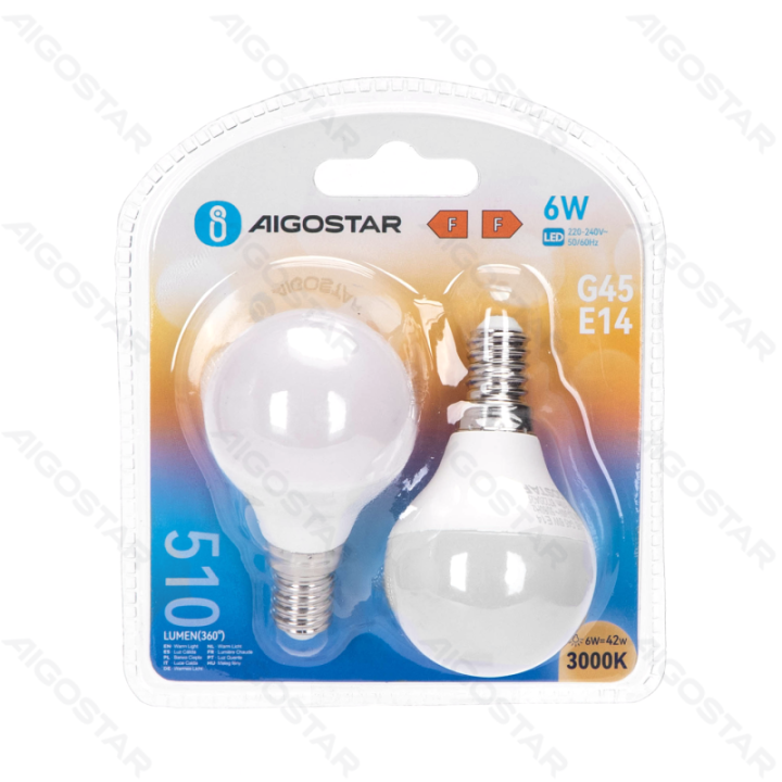 LED G45 Sferinė lemputė-E14-6W-3000K-510lm-2 vnt