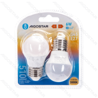 LED G45 Globe Bulb-E27-6W-3000K-510lm-2 pcs