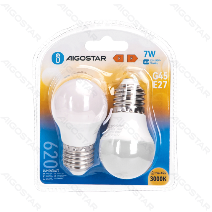LED G45 Sferinė lemputė-E27-7W-3000K-620lm-2 vnt