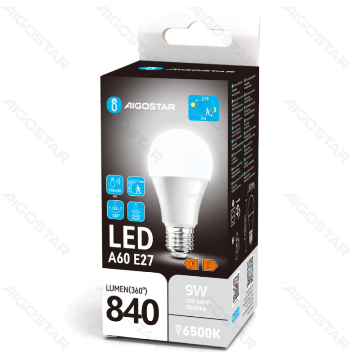 LED light sensitive induced and microwave sensor bulb A60 E27 9W 6500K
